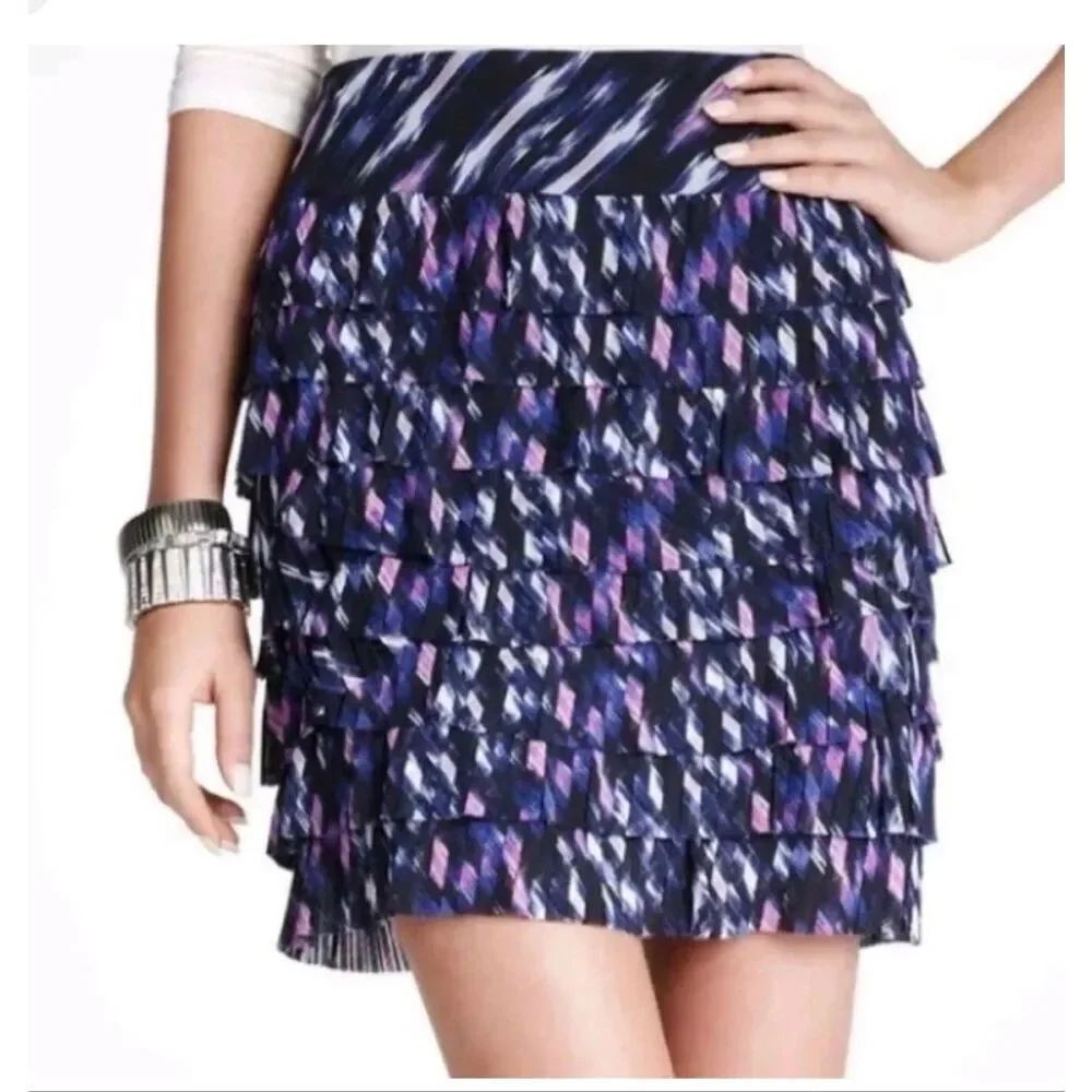Ann Taylor Deep Abyss Pleated Spring Ikat Tiered Chiffon Lined Mini Skirt Size 4